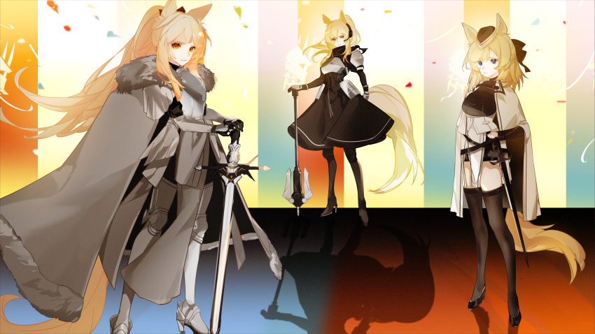 3girls absurdres animal_ears aonogura arknights armor axe bangs black_bow black_footwear black_headwear black_legwear blemishine_(arknights) blush boots bow breastplate brown_eyes cape commentary_request eyebrows eyebrows_visible_through_hair gauntlets greaves hair_bow hat high_heels highres holding holding_axe holding_sword holding_weapon horse_ears horse_girl horse_tail huge_filesize kingdom_of_kazimierz_logo long_hair looking_at_viewer multiple_girls nearl_(arknights) open_mouth pauldrons planted_axe planted_sword planted_weapon ponytail serious shoulder_armor sword tail thighhighs weapon whislash_(arknights) white_armor white_cape yellow_eyes