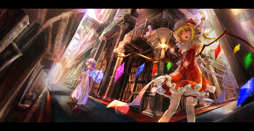 3girls :d blonde_hair book bookshelf boots brown_footwear carpet crescent crescent_hat_ornament dress fisheye flandre_scarlet frilled_dress frills from_below hat hat_ornament highres indoors letterboxed library long_hair looking_at_viewer magic mob_cap multiple_girls open_mouth patchouli_knowledge pink_dress pink_headwear purple_dress purple_hair qianyi_yuantu_sheng red_dress red_eyes remilia_scarlet scarlet_devil_mansion seiza sitting smile sunlight thighhighs touhou very_long_hair voile white_headwear white_legwear wings