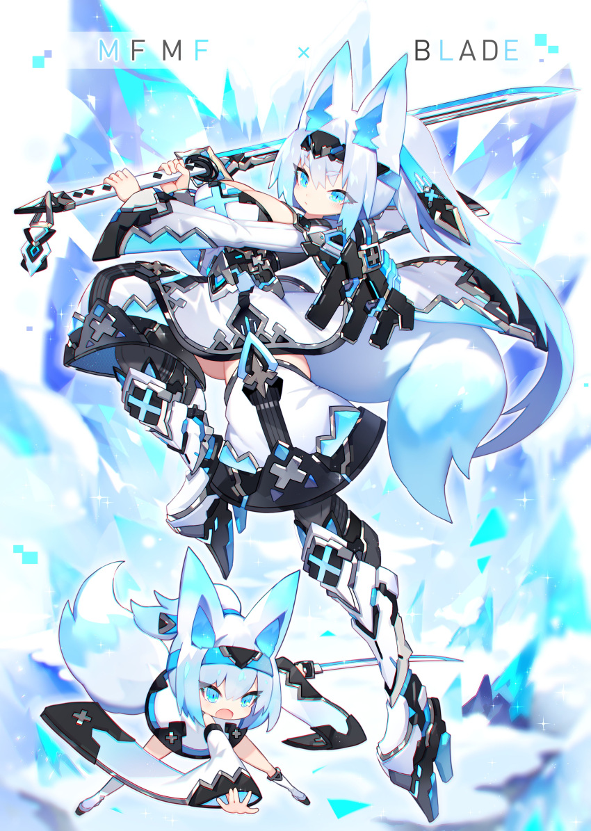 1girl absurdres animal_ear_fluff animal_ears bangs blue_eyes blue_hair boots breasts chibi cleavage_cutout clothing_cutout detached_sleeves dress eyebrows_visible_through_hair fox_ears fox_girl fox_tail hair_between_eyes headband high_heels highres holding holding_sword holding_weapon katana large_breasts leg_up long_hair looking_at_viewer mamuru multicolored_hair open_mouth original ponytail sword tail weapon white_dress white_hair wide_sleeves