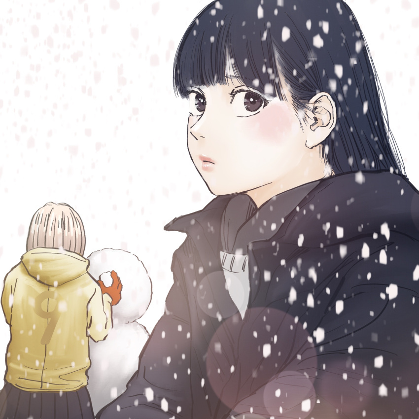 2girls 9 aria_(vampeerz) black_hair black_jacket blonde_hair blush brown_eyes gloves higashiyama_shou highres ichika_(vampeerz) jacket lens_flare long_hair looking_at_viewer multiple_girls number official_art orange_gloves skirt snow snowflakes snowman vampeerz winter_clothes yellow_jacket