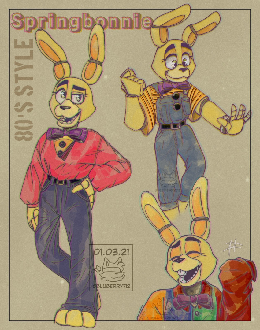 2021 80's_theme :d animatronic anthro barefoot black_nose bluberry712 border bottomwear bow_tie buckteeth clothed clothing english_text eyelashes eyes_closed feet fist five_nights_at_freddy's five_nights_at_freddy's_4 happy hi_res lagomorph leporid long_ears looking_at_viewer machine male mammal motion_lines multicolored_body one_eye_half-closed open_mouth overalls pants rabbit raised_arm robot shirt simple_background smile solo spring_bonnie_(fnaf) standing tan_background tan_border teeth text topwear two_tone_body video_games yellow_body