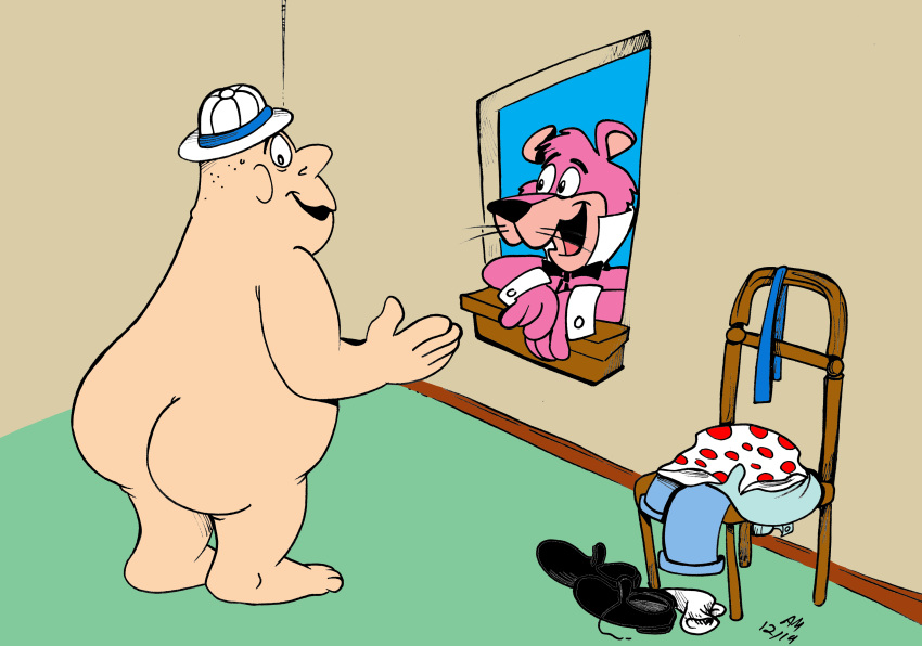 absurd_res anthro botch butt chair clothing cougar crossover duo felid feline footwear fur furniture granitoons hanna-barbera hat headgear headwear help!._it's_the_hair_bear_bunch! hi_res human janemj male mammal mostly_nude pink_body pink_fur shoes snagglepuss snagglepuss_(series)