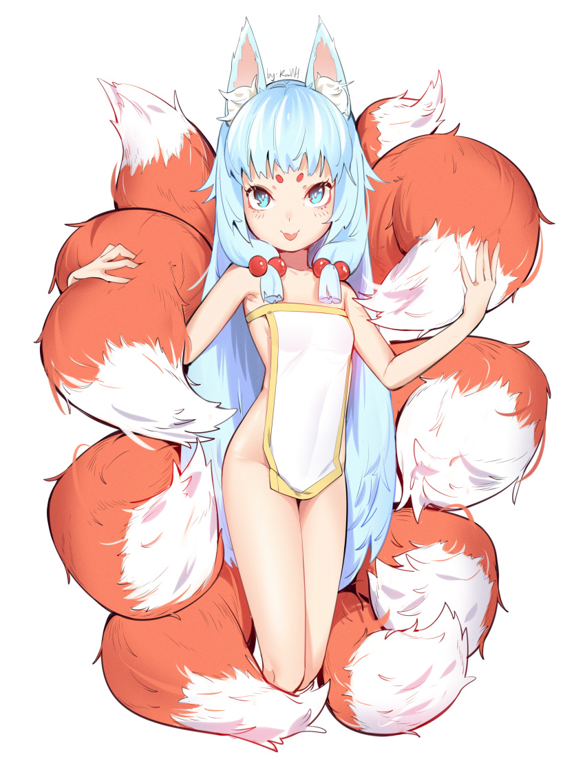 1girl :p absurdres animal_ear_fluff animal_ears blue_eyes blue_hair bottomless fox_ears fox_girl fox_tail hair_bobbles hair_ornament highres hikimayu kmwh looking_at_viewer multiple_tails naked_tabard no_panties original petite sidelocks signature simple_background solo tabard tail tongue tongue_out white_background