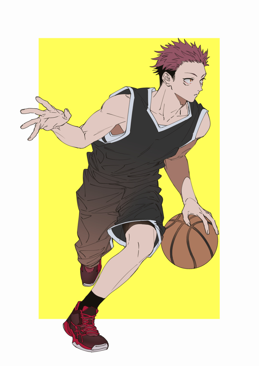 1boy alternate_costume ball bare_shoulders basketball basketball_uniform bike_shorts black_hair black_legwear black_shirt black_shorts border collarbone commentary_request cross-laced_footwear facial_mark flat_color forehead hand_up highres holding holding_ball itadori_yuuji jujutsu_kaisen leg_up looking_to_the_side male_focus multicolored_hair orange_eyes outside_border parted_lips red_footwear red_hair running shirt shoes short_hair shorts simple_background sleeveless sleeveless_shirt socks solo sportswear tenobe two-tone_hair undershirt white_border yellow_background