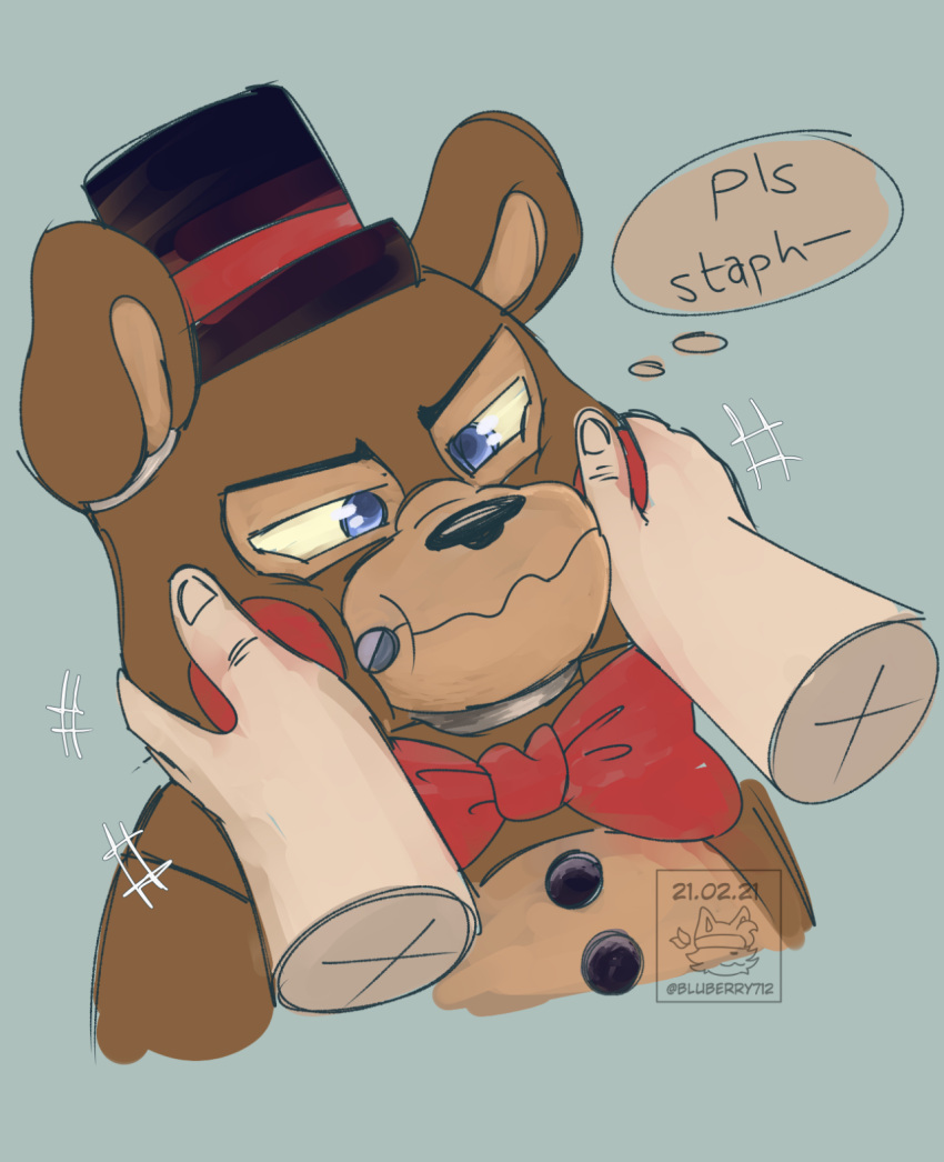 2021 angry animatronic annoyed anthro anthro_focus big_bow_tie big_ears black_nose bluberry712 blue_eyes bow_tie brown_body clothing dialogue disembodied_hand duo english_text face_squish five_nights_at_freddy's five_nights_at_freddy's_2 grey_background hand_on_face hand_on_head hat headgear headwear hi_res human machine male male_focus mammal motion_lines narrowed_eyes portrait robot round_ears simple_background solo_focus squint squish tan_body tan_skin text thought_bubble top_hat toy_freddy_(fnaf) ursid video_games