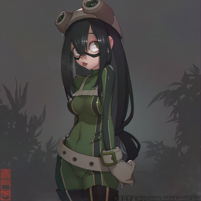 1girl arm_behind_back asui_tsuyu beige_gloves belt bodysuit boku_no_hero_academia breast_strap breasts cameltoe clenched_hand goggles goggles_on_head green_bodysuit green_hair long_hair mask medium_breasts solo superhero tongue tongue_out wet zhaoyebai