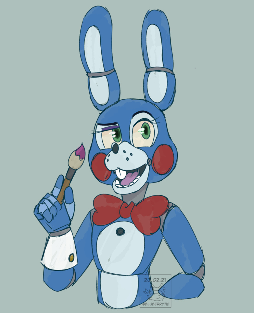 2021 animatronic anthro big_bow_tie big_ears bluberry712 blue_body bow_tie brush buckteeth close-up eyelashes five_nights_at_freddy's five_nights_at_freddy's_2 girly green_eyes grey_background hi_res lagomorph leporid long_ears looking_away looking_up machine male mammal multicolored_body open_mouth paint paintbrush portrait rabbit robot rosy_cheeks simple_background smile solo teeth tongue toy_bonnie_(fnaf) video_games white_body