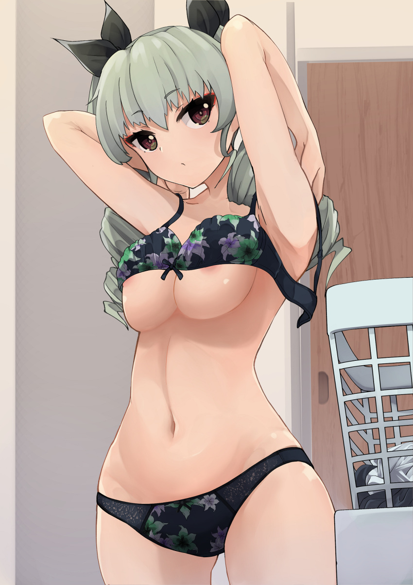 1girl adjusting_bra adjusting_clothes anchovy_(girls_und_panzer) areola_slip areolae arms_behind_back arms_up bangs black_bra black_panties black_ribbon bow bow_bra bra breasts brown_eyes closed_mouth commentary cowboy_shot dressing drill_hair eyebrows_visible_through_hair floral_print girls_und_panzer green_hair hair_ribbon highres indoors kakimoto_nao laundry_basket light_frown long_hair looking_at_viewer medium_breasts navel panties print_bra print_panties ribbon solo standing twin_drills twintails underwear underwear_only