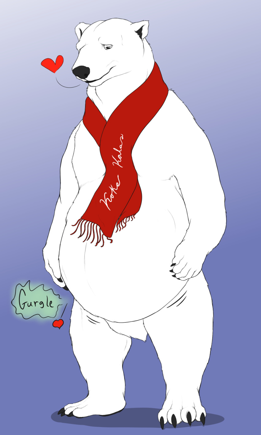 &lt;3 2015 4_toes 5_fingers abdominal_bulge after_vore ambiguous_gender ambiguous_pred anthro anthro_pred azathura belly big_belly biped blue_background digital_media_(artwork) featureless_crotch feet feral fingers front_view fur hi_res mammal mostly_nude motion_lines narrowed_eyes oral_vore plantigrade polar_bear red_scarf rumbling_stomach scarf scarf_only semi-anthro shadow simple_background smile soft_vore solo sound_effects standing toes unseen_character ursid ursine vore white_body white_fur