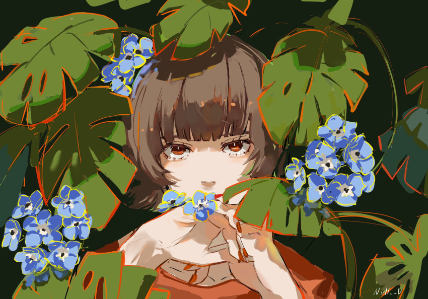 1girl artist_name blue_flower brown_eyes brown_hair commentary covering_mouth flower hands_up highres looking_at_viewer null_(skev7724) orange_nails orange_shirt paprika paprika_(character) plant portrait red_nails shirt short_hair solo