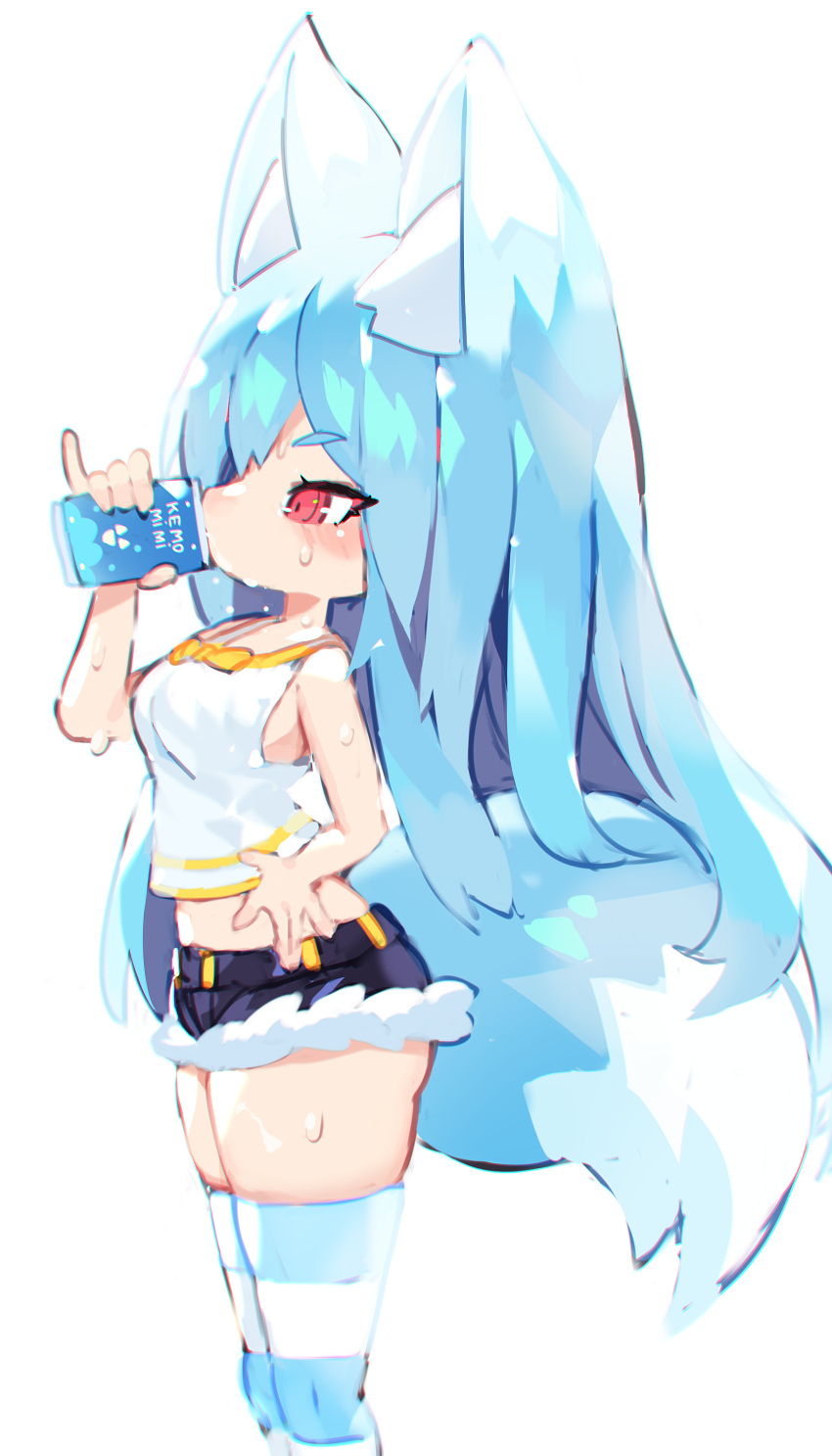 1girl absurdres animal_ear_fluff animal_ears bangs blue_hair blue_legwear can denim denim_shorts drinking eyebrows_visible_through_hair feet_out_of_frame fox_ears fox_girl fox_tail from_side hand_on_hip highres long_hair mamuru original red_eyes short_shorts shorts simple_background soda_can solo striped striped_legwear sweat tail tank_top thighhighs white_background white_legwear white_tank_top