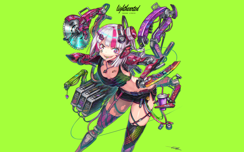 bicolored_eyes gia green headphones mechagirl original signed techgirl thighhighs white_hair