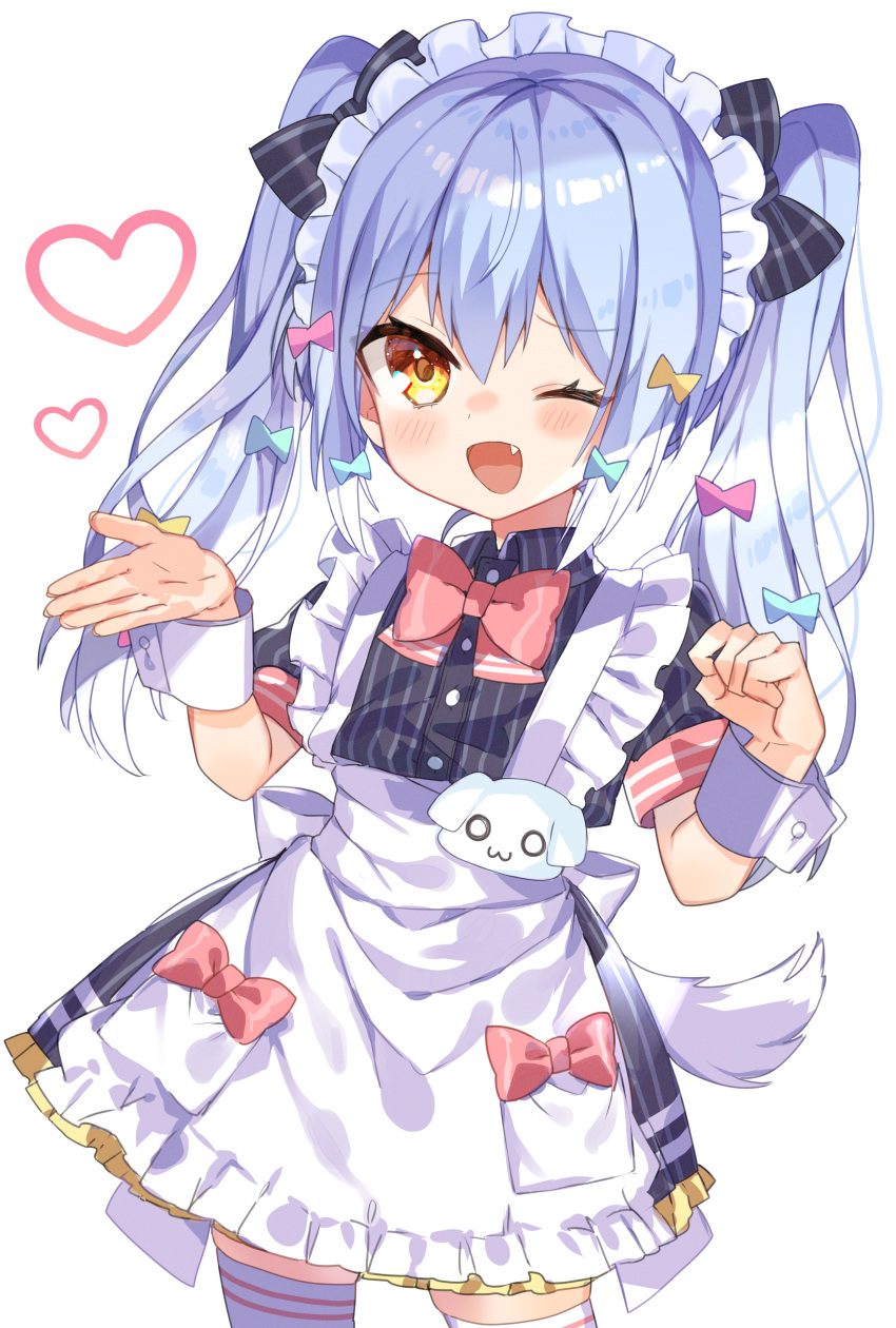 1boy absurdres apron bangs blue_hair blush bow bowtie dog_tail dress eyebrows_visible_through_hair fang frilled_apron frilled_dress frills hair_between_eyes hair_bow hair_ornament heart highres inuyama_tamaki looking_at_viewer maid_apron maid_headdress noi_mine noripro one_eye_closed open_mouth otoko_no_ko paw_pose simple_background smile striped tail thighhighs twintails vertical-striped_dress vertical_stripes virtual_youtuber white_background wrist_cuffs yellow_eyes