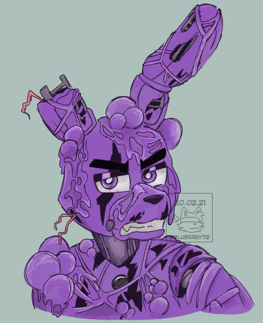 2021 angry animatronic anthro big_ears black_nose bluberry712 five_nights_at_freddy's five_nights_at_freddy's_3 five_nights_at_freddy's_ar frown grey_background half-closed_eyes hi_res lagomorph leporid long_ears looking_at_viewer machine male mammal narrowed_eyes notched_ear portrait purple_body purple_eyes rabbit robot sharp_teeth simple_background solo springtrap_(fnaf) teeth torn_arm torn_body torn_face toxic_springtrap_(fnaf) toxic_waste video_games wire