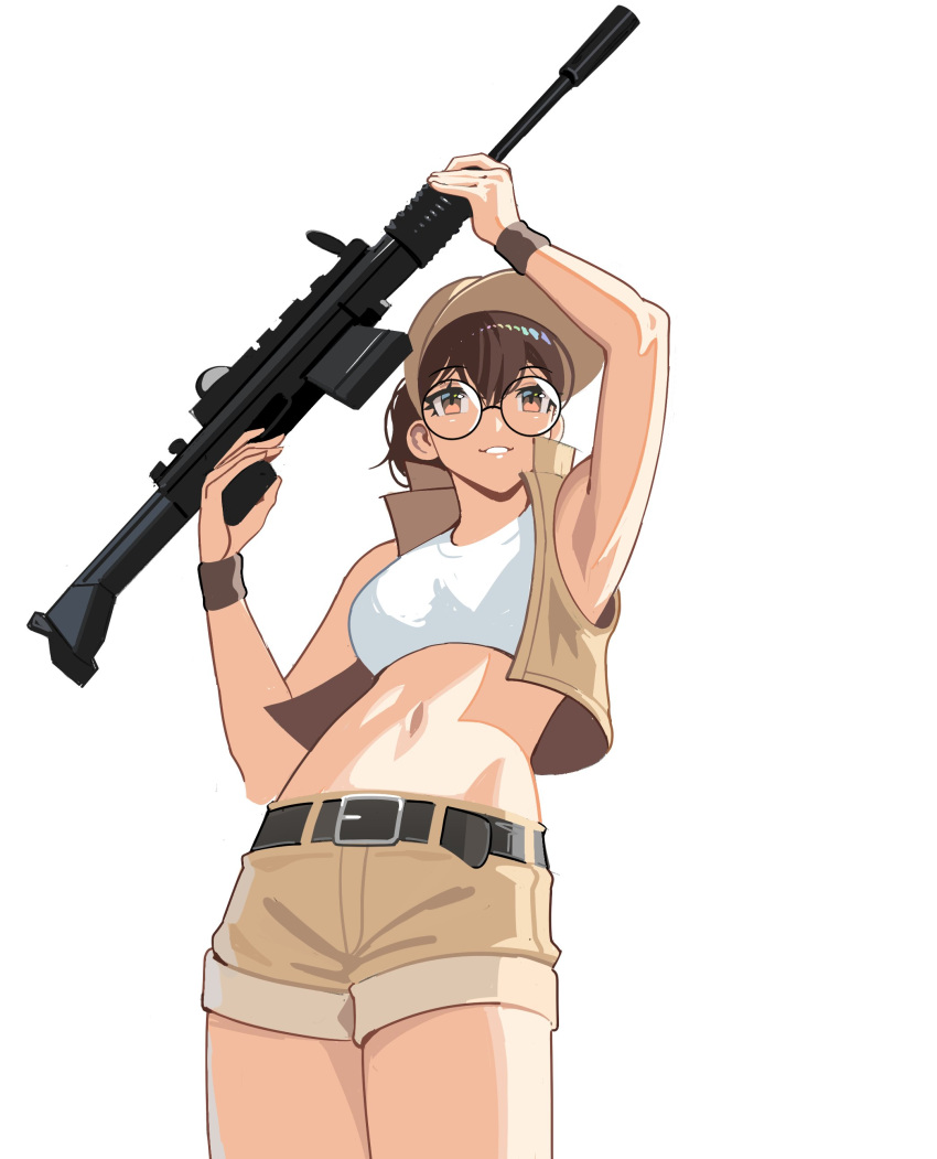 1girl absurdres assault_rifle bangs baseball_cap belt black_belt breasts brown_hair brown_headwear brown_shorts brown_vest crop_top daniaeru eyebrows_visible_through_hair fio_germi gun hat highres holding holding_gun holding_weapon medium_breasts metal_slug midriff navel parted_lips photo-referenced rifle short_shorts shorts smile solo vest weapon white_background