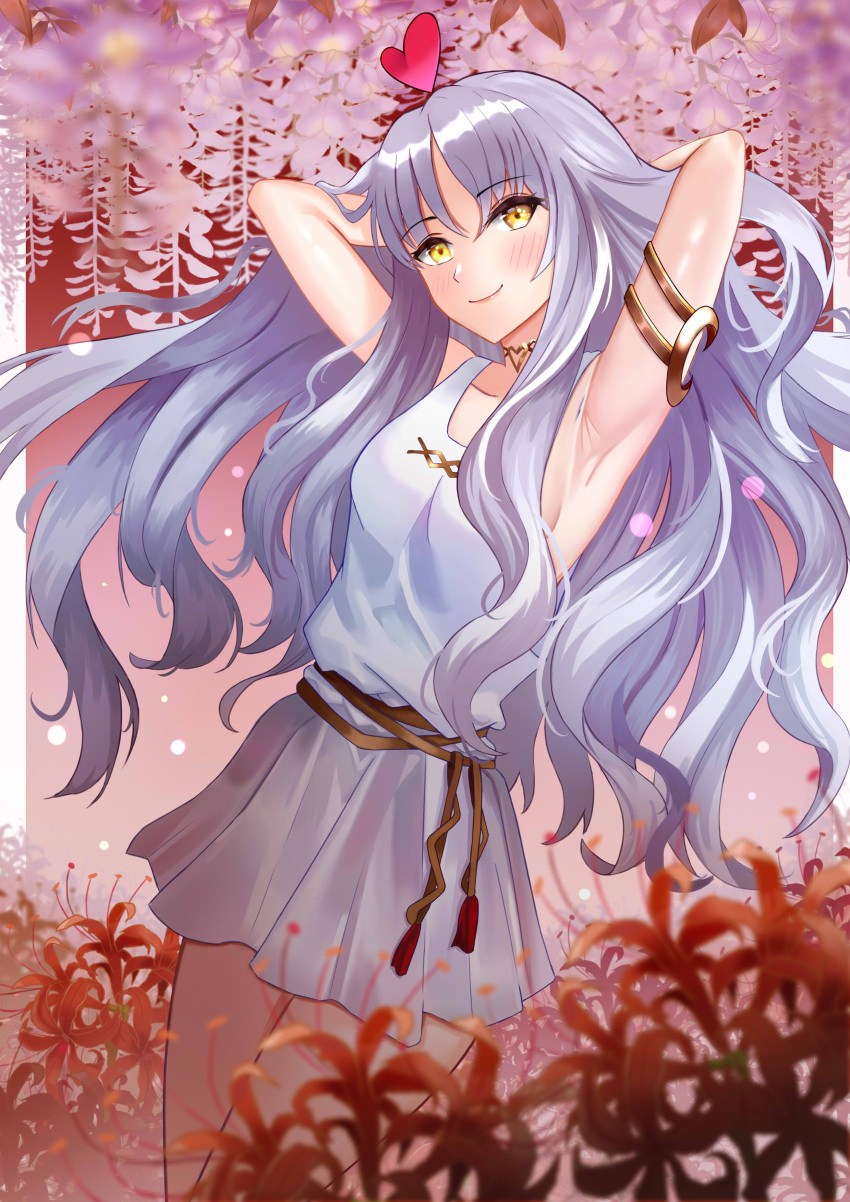 1girl absurdres armlet armpits arms_behind_head arms_up bangs bare_shoulders bracelet breasts caren_hortensia caren_hortensia_(amor_caren) collarbone dress fate/grand_order fate_(series) flower heart highres jewelry long_hair looking_at_viewer medium_breasts mr_kai short_dress smile spider_lily thighs wavy_hair white_dress white_hair yellow_eyes
