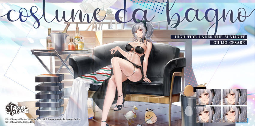 1girl animal azur_lane bare_arms bare_legs bare_shoulders bikini bird black_bikini black_choker black_footwear bottle bow breasts chair chick choker cleavage duck giulio_cesare_(azur_lane) giulio_cesare_(high_tide_under_the_sunlight)_(azur_lane) grin gujianshaonu hair_bow high_heels highres knee_up large_breasts long_hair looking_at_viewer manjuu_(azur_lane) navel o-ring o-ring_bikini official_alternate_costume official_art promotional_art red_eyes sardegna_empire_(emblem) sarong shiny shiny_clothes silver_hair sitting skindentation smile solo stomach swimsuit thigh_strap thighs twintails