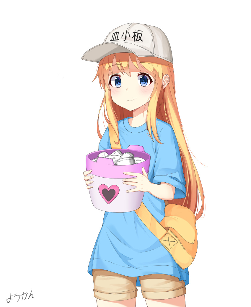 1girl absurdres avant_garde_(artist) bag baseball_cap blonde_hair blue_eyes blue_shirt brown_shorts bucket hat hataraku_saibou highres long_hair platelet_(hataraku_saibou) shirt short_sleeves shorts simple_background smile solo white_background white_headwear