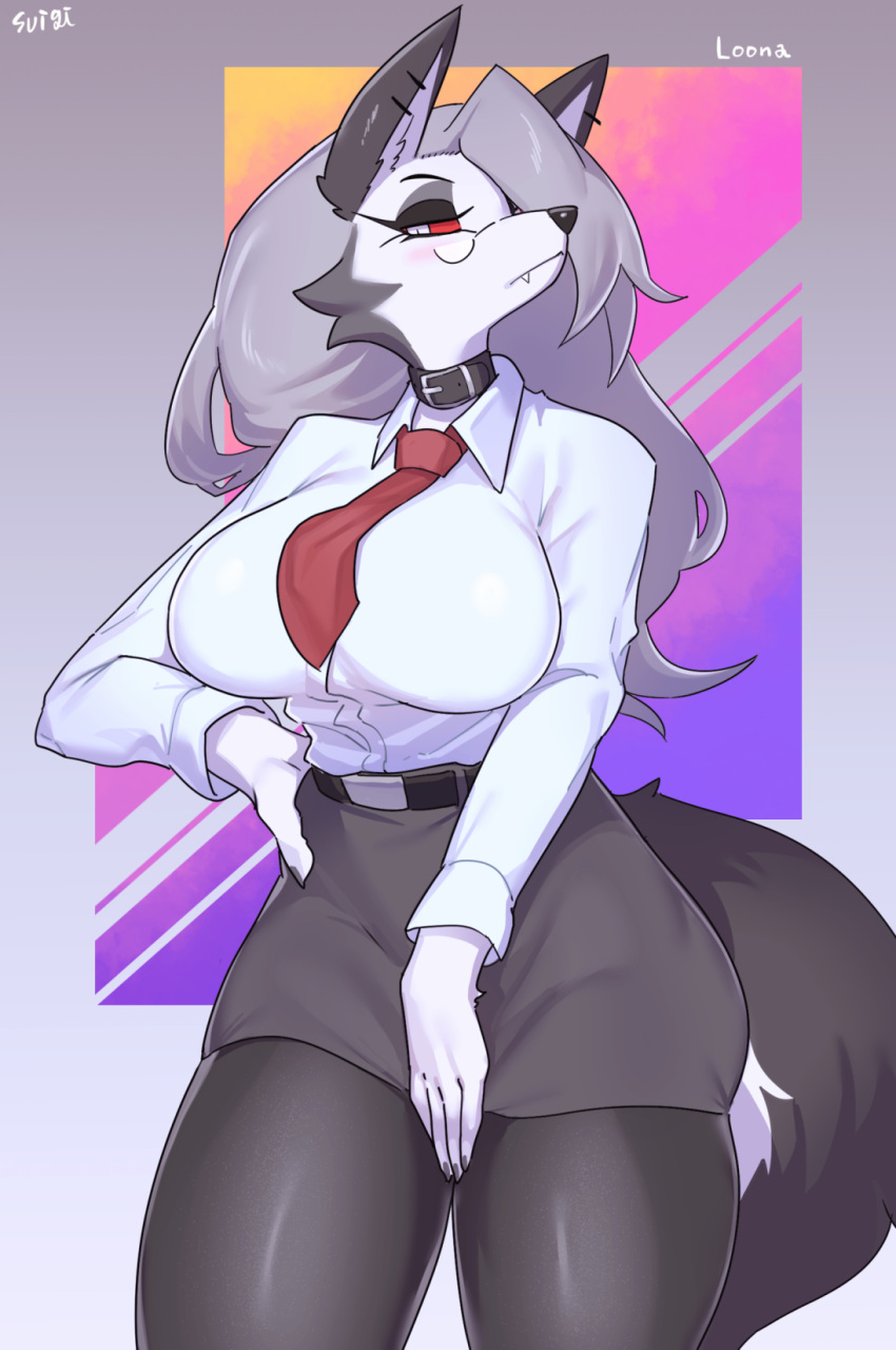 2021 anthro big_breasts blush breasts canid canid_demon clothing demon ear_piercing ear_ring female hellhound helluva_boss hi_res looking_at_viewer loona_(vivzmind) mammal piercing solo sususuigi