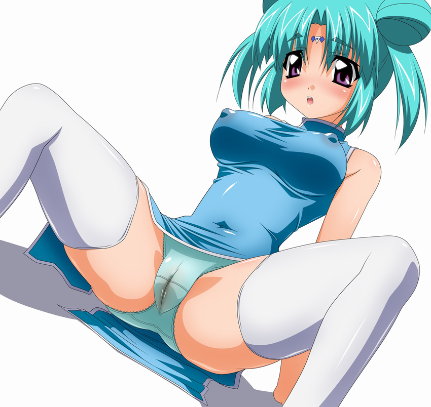 absurdres aqua_hair bare_shoulders blue_panties blush breasts cameltoe canal_vorfeed china_dress chinese_clothes covered_nipples double_bun dress embarrassed facial_mark forehead_mark highres large_breasts lost_universe panties purple_eyes sitting solo spread_legs sugimura_tomokazu thighhighs underwear wet wet_clothes wet_panties white_legwear