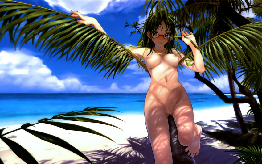 1girl barefoot beach black_hair blue_eyes breasts cameltoe feet glasses hidari_(left_side) highres nipples nude nudist ocean palm_tree palm_trees perky_breasts pussy sand sea short_hair solo toes tree uncensored water