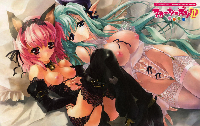 animal_ears bell blush bow breasts cat_ears collar elf garter_belt gloves green_eyes green_hair high_cut highres lingerie long_hair miwa_yoshikazu nekomimi pink_eyes pink_hair pointy_ears short_hair stockings synthetic_garden teddy thighhighs underwear yuri