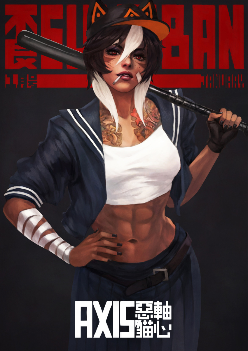 1girl abs absurdres bandaged_arm bandages bandaid bandaid_on_face baseball_bat baseball_cap belt black_hair black_nails breasts chain character_name cigarette commentary dark_skin dark_skinned_female delinquent english_commentary facial_mark fingerless_gloves freckles gloves hair_between_eyes hand_on_hip hat hat_with_ears highres jacket lips midriff monori_rogue mouth_hold multicolored_hair nail_polish navel open_clothes original pants red_eyes reward_available school_uniform shirt short_hair short_sleeves single_glove solo stomach sukeban tattoo toned translation_request weapon white_hair white_shirt