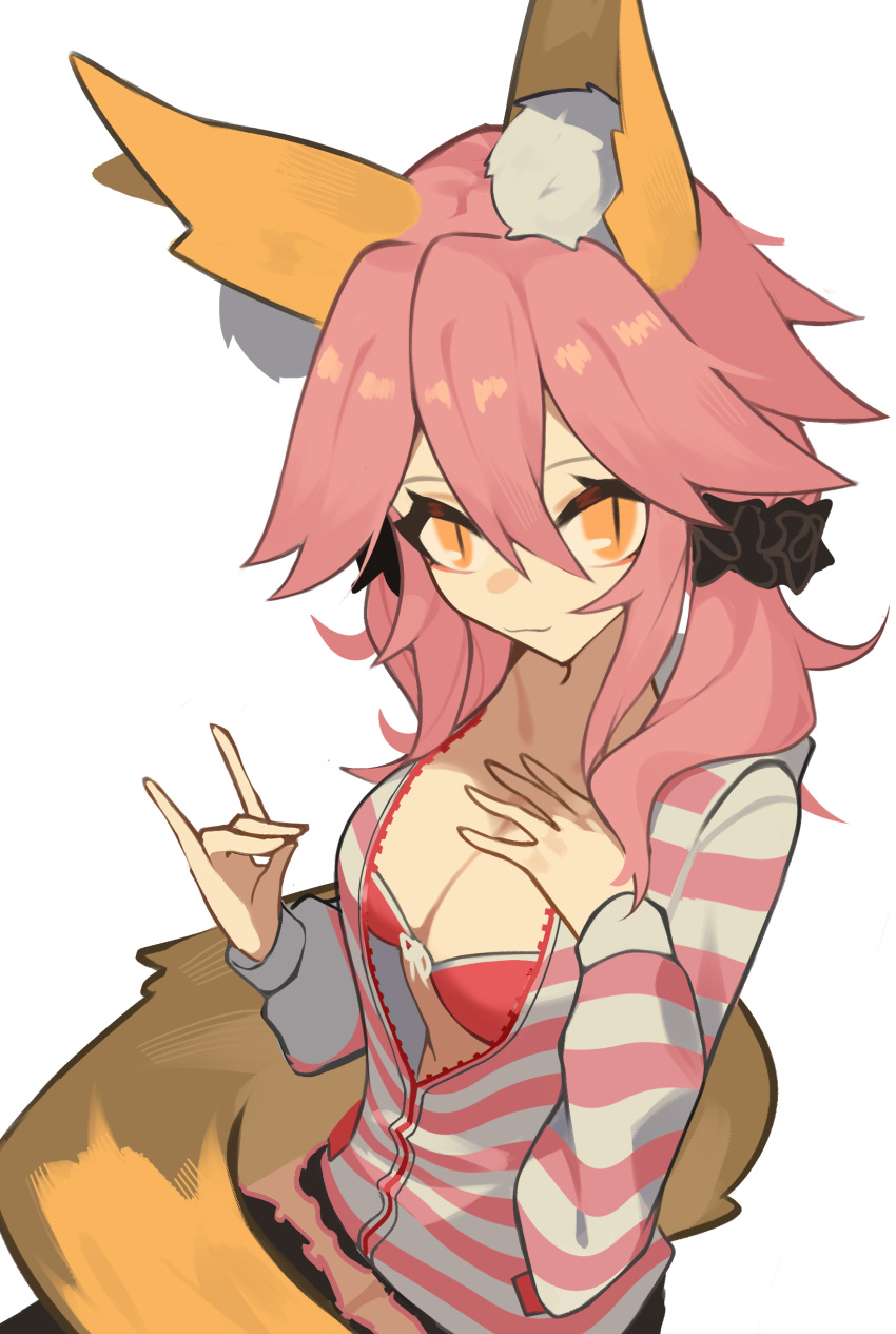 1girl absurdres animal_ear_fluff animal_ears bra breasts cleavage collarbone fate/extella fate/extra fate/extra_ccc fate_(series) fox_ears fox_girl fox_shadow_puppet fox_tail ghost_(tama) hand_on_own_chest highres large_breasts looking_at_viewer open_clothes open_shirt pink_bra pink_hair simple_background solo tail tamamo_(fate)_(all) tamamo_no_mae_(fate) underwear white_background yellow_eyes