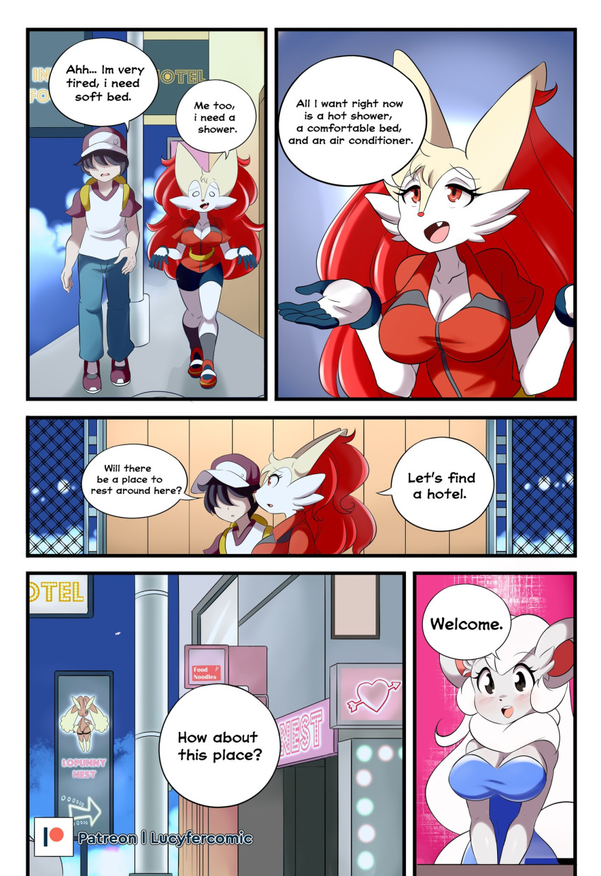 anthro braixen bray_(lucyfercomic) canid canine cinccino clothing cute_fangs dress english_text female gloves group hair_over_eyes handwear hat headgear headwear hi_res hotel human inner_ear_fluff lopunny lucyfercomic male mammal nintendo pok&eacute;mon pok&eacute;mon_(species) pok&eacute;mon_trainer sign speech_bubble text tuft video_games