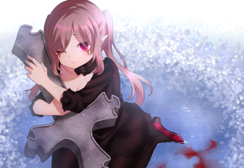 1girl black_dress blood bloody_tears collarbone colored_sclera commentary cross dress hair_over_one_eye highres long_hair looking_at_viewer neit_ni_sei object_hug one_eye_closed original pantyhose pink_hair pointy_ears red_eyes red_sclera solo symbol-shaped_pupils twintails