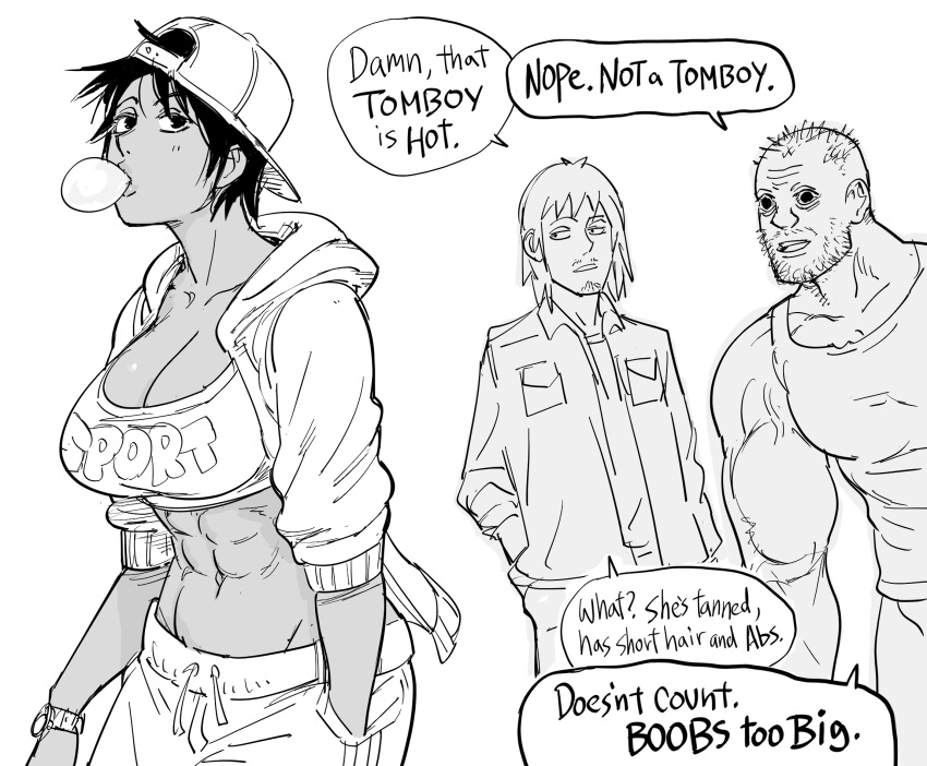 1girl 2boys abs backwards_hat baseball_cap bb_(baalbuddy) breasts bubble_blowing chewing_gum cleavage commentary coomer dark_skin dark_skinned_female english_commentary english_text facial_hair greyscale hand_in_pocket hat highres hood hood_down hoodie large_breasts long_hair midriff monochrome multiple_boys muscular muscular_female muscular_male navel open_clothes open_hoodie original short_hair speech_bubble sports_bra stubble tomboy truth wojak