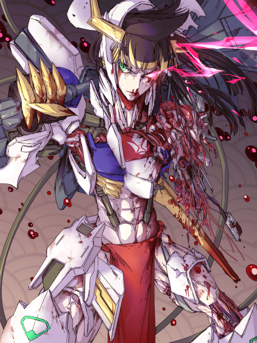 1boy 8823 abs bangs black_hair blood blood_on_face floating_hair glowing glowing_eye green_eyes gundam gundam_barbatos gundam_barbatos_lupus_rex gundam_tekketsu_no_orphans guro heterochromia highres holding holding_weapon long_hair looking_to_the_side male_focus mecha_danshi missing_limb over_shoulder personification piston red_eyes science_fiction solo v-fin weapon weapon_over_shoulder