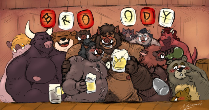 2021 alcohol anthro beer beverage bovid bovine brown_body brown_fur cattle drunk eyes_closed fur group humanoid_hands male mammal moobs musclegut nipples oral overweight overweight_male pure_command scar substance_intoxication suid suina sus_(pig) ursid wild_boar