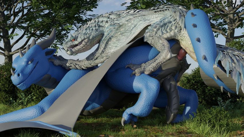 3d_(artwork) anal anal_penetration anus barlu blender_(software) blue_body blue_eyes butt capcom claws digital_media_(artwork) dragon duo erection fanged_wyvern feet feral feral_on_feral fur genitals hi_res horn male male/male monster_hunter penetration penis pupils reptile ribbed_penis scales scalie slit slit_pupils snout spikes standing syrazor teeth tobi-kadachi toe_claws toes video_games western_dragon