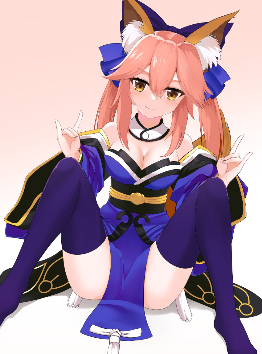 1girl absurdres animal_ear_fluff animal_ears bare_shoulders blue_kimono blue_legwear blue_ribbon blush breasts cleavage detached_sleeves double_fox_shadow_puppet eyebrows_visible_through_hair fang fate/extella fate/extra fate/grand_order fate_(series) fox_ears fox_girl fox_shadow_puppet fox_tail gradient gradient_background hair_ribbon highres japanese_clothes kimono large_breasts looking_at_viewer pink_hair ribbon s1145 skin_fang solo spread_legs tail tamamo_(fate)_(all) tamamo_no_mae_(fate) yellow_eyes
