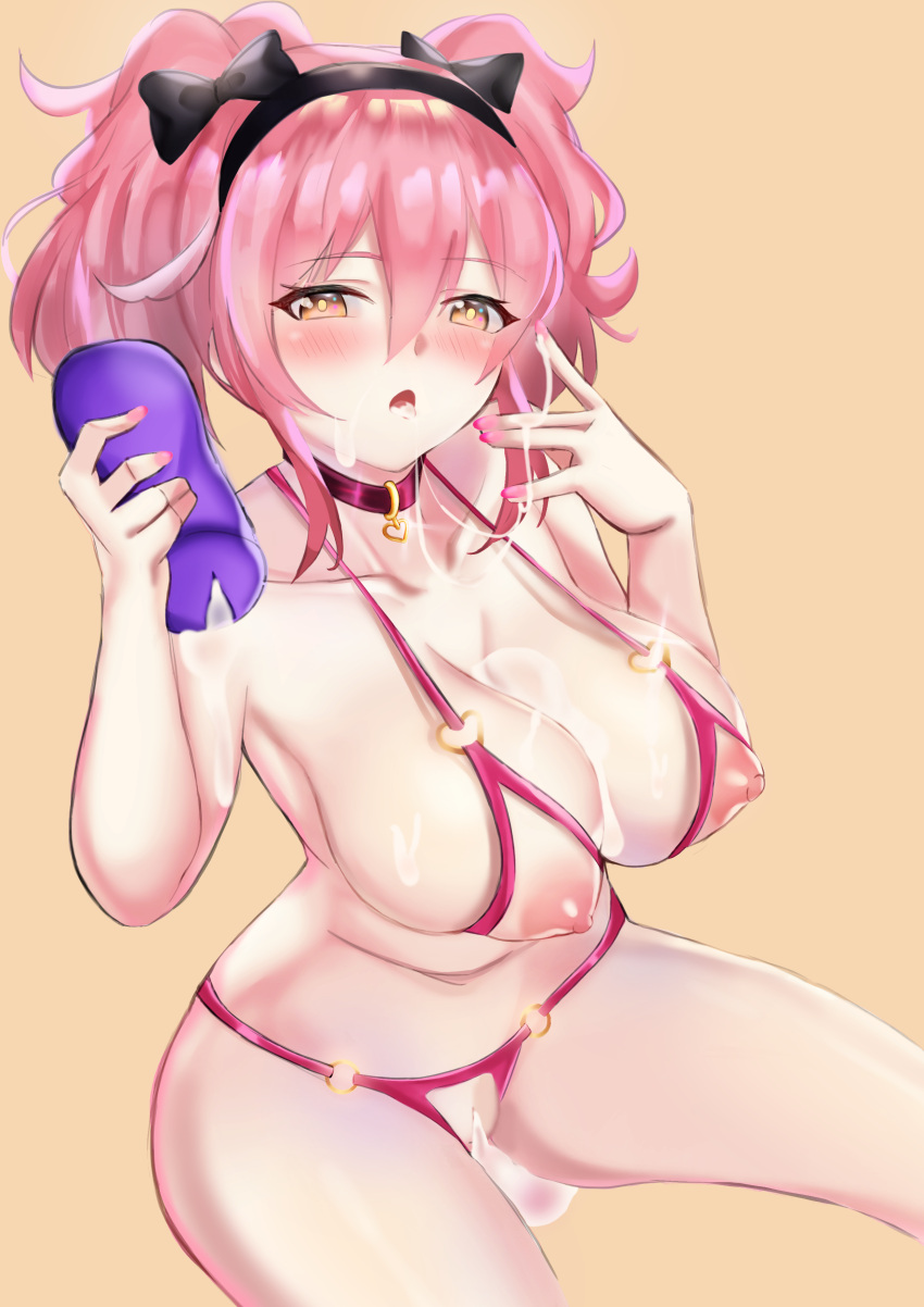 1girl absurdres artificial_vagina blush bow breasts collar cum cum_in_pussy cum_on_body hair_bow highres idolmaster idolmaster_cinderella_girls jougasaki_mika large_breasts pink_hair sex_toy short_twintails twintails yellow_eyes yujieai