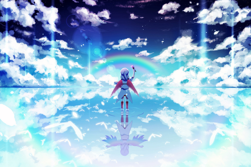 1girl arm_up bird cloud cloudy_sky collar different_reflection facing_away feathered_wings feathers hair_feathers hat hichou hollow_song_of_birds kneehighs lens_flare light_rays outstretched_arms paint paintbrush palette rainbow rainbow_wings red_legwear reflection reflective_water ripples shirt silhouette sky solo standing standing_on_liquid star_(sky) tailcoat torisumi_horou water white_footwear white_hair white_headwear wings