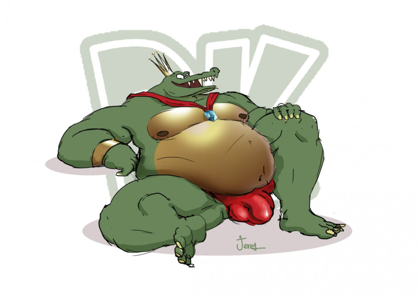 2018 4_toes 5_fingers anthro arm_support belly big_belly big_bulge biped bracelet bulge cape claws clothed clothing colored_sketch crocodile crocodilian crocodylid crown digital_media_(artwork) donkey_kong_(series) feet finger_claws fingers front_view full-length_portrait green_body green_scales hand_on_leg hand_on_thigh jerryhugs jewelry king king_k._rool kremling leaning leaning_back logo looking_away male navel nintendo nipples open_mouth open_smile overweight overweight_anthro overweight_male partially_clothed plantigrade portrait reptile royalty scales scalie shaded signature sitting smile soles solo tan_claws thick_thighs thong toe_claws toes underwear video_games