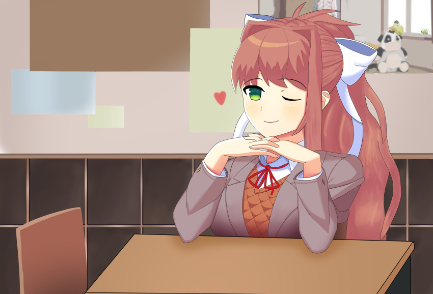 1girl ;) absurdres bangs blazer blush brown_hair chair desk doki_doki_literature_club elbows_on_table eyebrows_visible_through_hair green_eyes grey_jacket hair_ribbon hanging heart highres interlocked_fingers jacket littlewing1st long_hair looking_ahead monika_(doki_doki_literature_club) neck_ribbon one_eye_closed orange_vest ponytail poster_(object) red_neckwear red_ribbon ribbon sayori_(doki_doki_literature_club) school_desk school_uniform shiny shiny_hair shiny_skin shirt sitting smile solo stuffed_animal stuffed_toy suicide upper_body very_long_hair vest white_headwear white_ribbon white_shirt window wing_collar