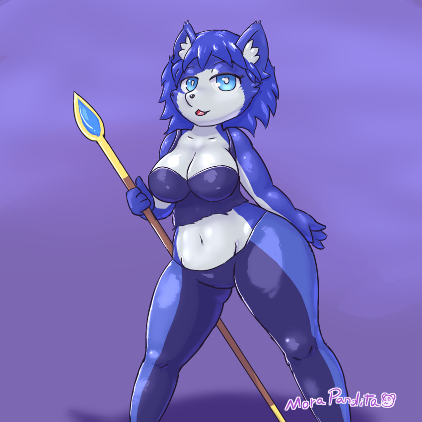 1:1 anthro big_breasts blue_body blue_eyes blue_fur blue_hair breasts canid canine cleavage clothed clothing female fox front_view fur hair half-closed_eyes hi_res holding_object holding_spear holding_weapon krystal looking_at_viewer mammal melee_weapon morapandita narrowed_eyes nintendo open_mouth open_smile polearm purple_background shadow simple_background smile solo spear standing star_fox teeth thick_thighs tongue video_games weapon white_body white_fur wide_hips