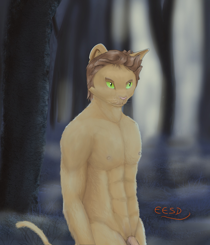 abs absurd_res anthro domestic_cat endoereanart exposition felid feline felis forest genitals hi_res male mammal muscular night nude nudism outside penis plant presenting solo solo_focus stare teasing tree