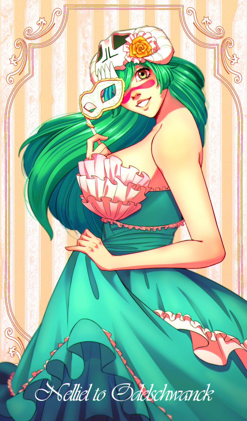 1girl absurdres aqua_dress bleach breasts character_name dress facial_mark green_hair grey_eyes hair_over_one_eye highres holding holding_mask large_breasts long_hair looking_at_viewer looking_to_the_side mask nelliel_tu_odelschwanck skull_on_head sleeveless sleeveless_dress smile solo strapless strapless_dress tsukizawr very_long_hair