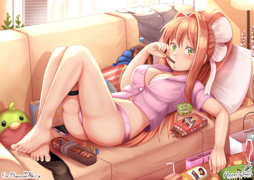 arm_at_side ass aster-effect bag bangs barefoot blinds blush bow bra breasts brown_hair buttons can candy casual cellphone chips chocolate chocolate_bar chocolate_chip_cookie commission cookie couch doki_doki_literature_club doritos eating eyebrows_behind_hair eyelashes feet food food_in_mouth green_eyes gummy_bear hair_between_eyes hair_bow indoors juice juice_box lamp large_breasts legs legs_up light_rays long_hair looking_at_viewer looking_to_the_side lying md5_mismatch monika_(doki_doki_literature_club) navel no_shirt on_back on_couch open_clothes open_shirt outstretched_arm panties phone pillow pink_bag pink_bra pink_panties pink_shirt pocky ponytail shirt shirt_removed sidelocks socks_removed soda soda_bottle soda_can stomach striped stuffed_animal stuffed_bird stuffed_toy thighs toenails underwear underwear_only very_long_hair white_bag white_bow white_headwear