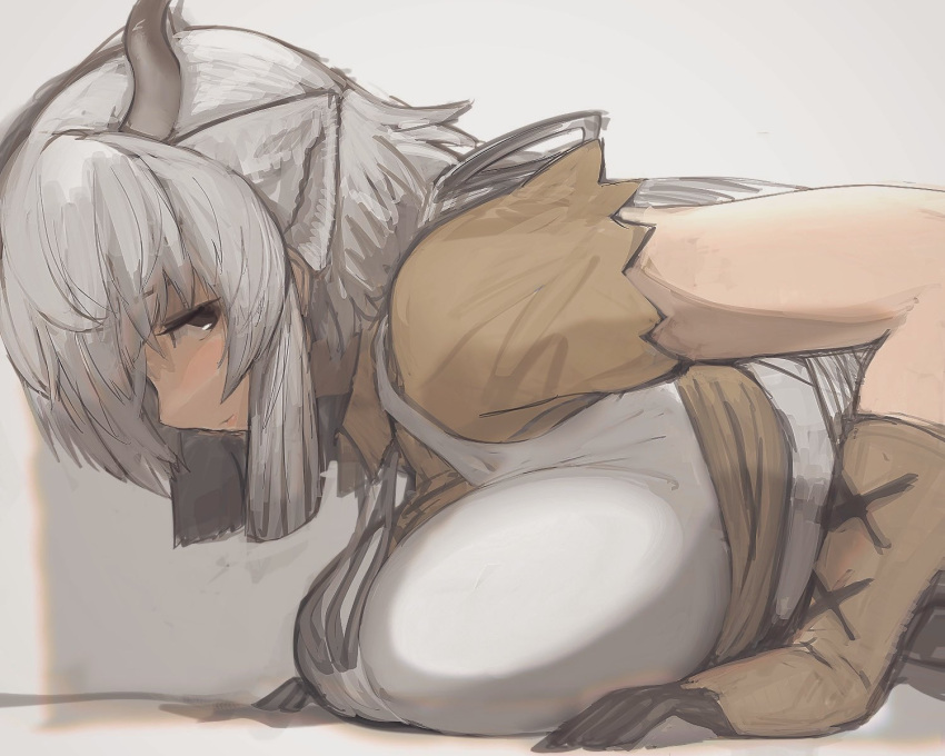 1girl animal_ears breast_rest breasts collared_shirt dress exercise from_side gloves grey_hair grey_horns half-closed_eye highres horns huge_breasts kemono_friends light_blush light_smile long_hair looking_at_viewer ox_ears ox_horns push-ups shibori_kasu shirt solo training upper_body wing_collar yak_(kemono_friends) yellow_shirt