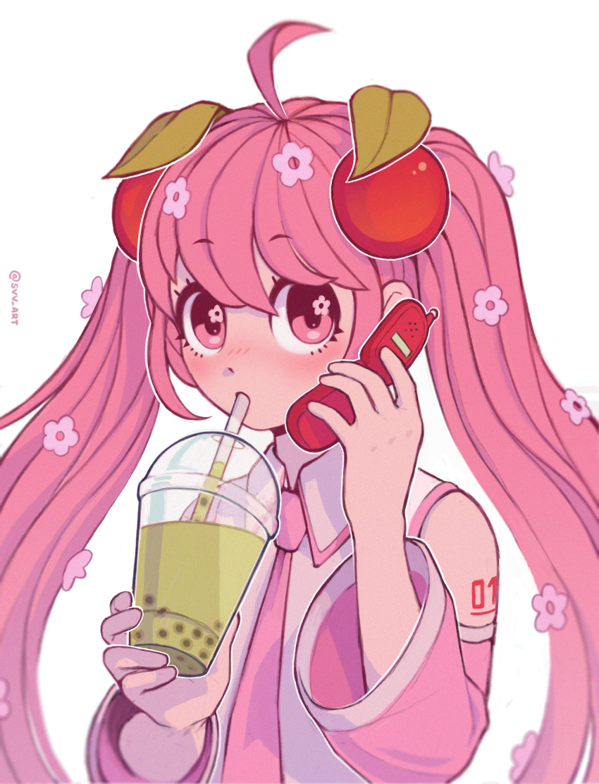 1girl absurdres bangs bubble_tea cherry_hair_ornament detached_sleeves drinking drinking_straw eyebrows_visible_through_hair food_themed_hair_ornament hair_ornament hatsune_miku highres holding holding_phone long_hair necktie phone pink_hair pink_neckwear pink_shirt pink_sleeves sakura_miku shirt sleeveless sleeveless_shirt solo svv_art twintails upper_body vocaloid