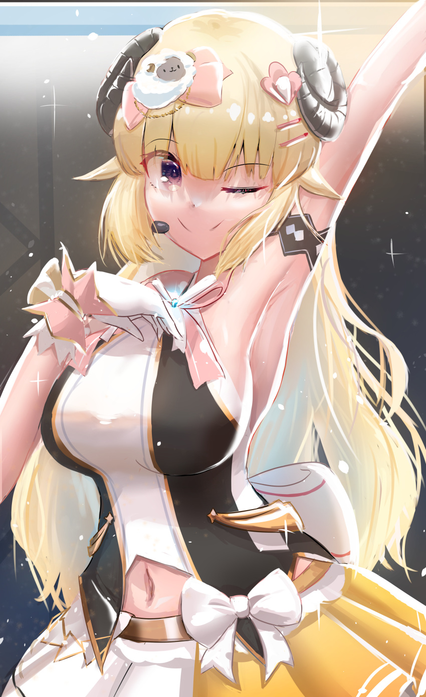 1girl ;) absurdres animal_ears armpits arms_up bare_arms bare_shoulders belt blonde_hair bow bow_skirt breasts closed_mouth clothing_cutout contrapposto cowboy_shot curled_horns gloves hair_ornament hairclip halter_top halterneck headset highres hololive hololive_idol_uniform horns idol izanagi_no_ookami_p. large_breasts layered_skirt long_hair looking_at_viewer miniskirt navel navel_cutout official_alternate_costume one_eye_closed purple_eyes sheep_ears sheep_girl sheep_hair_ornament sheep_horns skirt sleeveless smile solo stage tsunomaki_watame very_long_hair virtual_youtuber white_bow white_gloves white_skirt wrist_cuffs