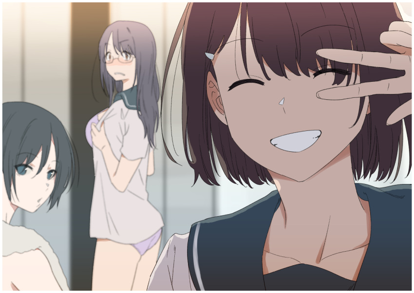 3girls ^_^ ass black_hair blurry bra breasts chestnut_mouth closed_eyes collarbone depth_of_field from_side frown glasses grin hair_ornament hairclip inu_(aerodog) long_hair multiple_girls no_pants open_clothes open_mouth open_shirt original panties school_uniform serafuku short_hair smile towel towel_around_neck underwear undressing v_over_eye