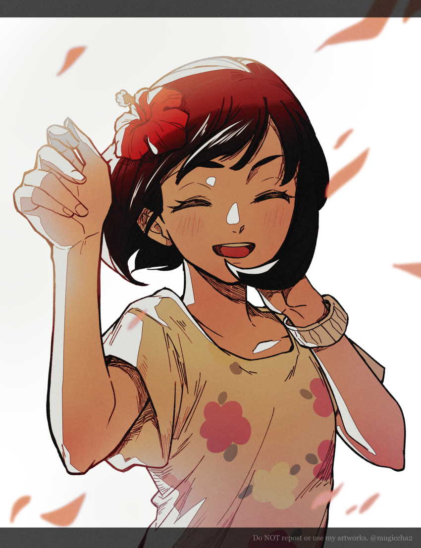 1girl absurdres blush bracelet brown_hair closed_eyes commentary_request eyelashes fingernails floral_print flower hair_flower hair_ornament hands_up highres jewelry mugiccha2 open_mouth pokemon pokemon_(game) pokemon_sm red_flower selene_(pokemon) shirt short_hair short_sleeves smile solo t-shirt tongue upper_teeth white_background z-ring |d