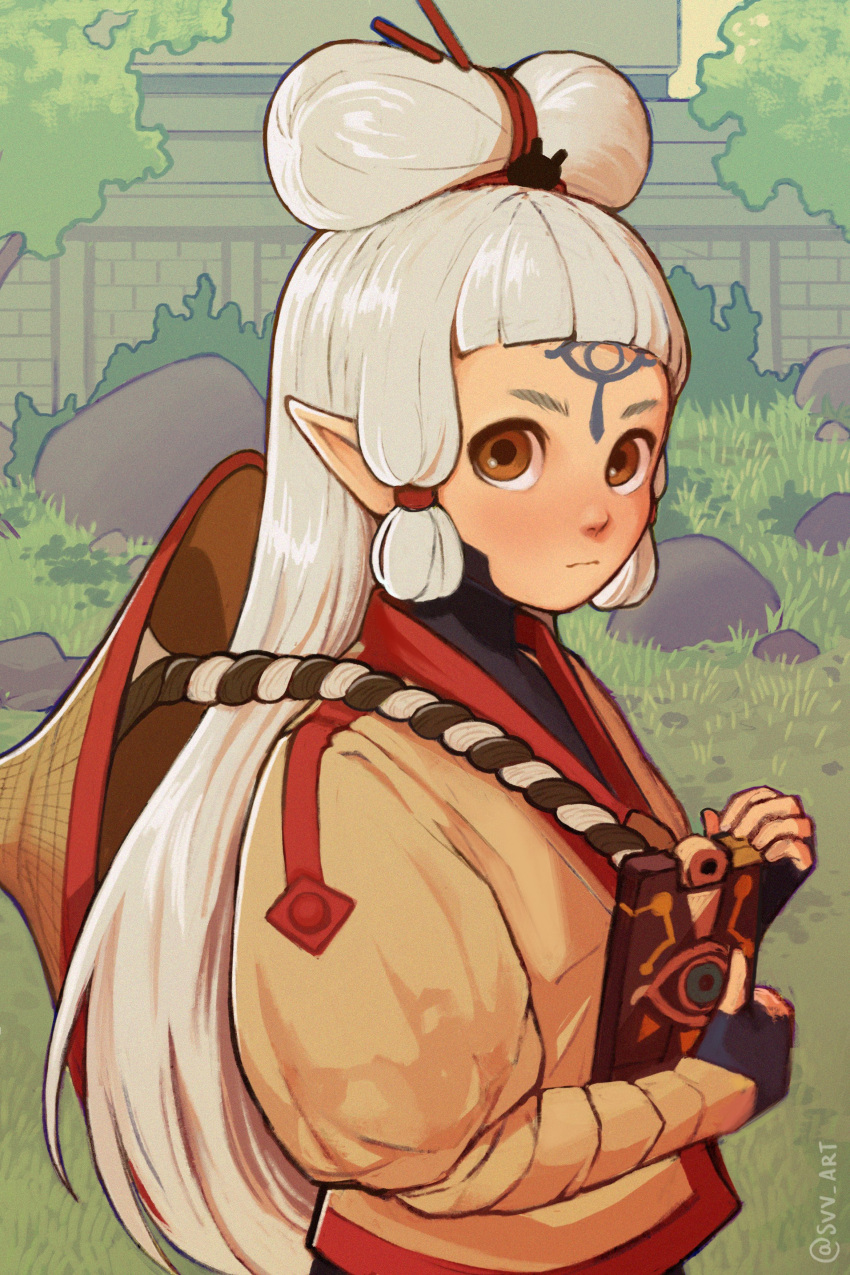 1girl absurdres bangs blunt_bangs blush brown_eyes building bush eye_symbol forehead_tattoo grass grey_hair hat_on_back highres hyrule_warriors:_age_of_calamity impa long_hair looking_at_viewer plant pointy_ears rock rope sheikah solo svv_art the_legend_of_zelda the_legend_of_zelda:_breath_of_the_wild tree twitter_username upper_body