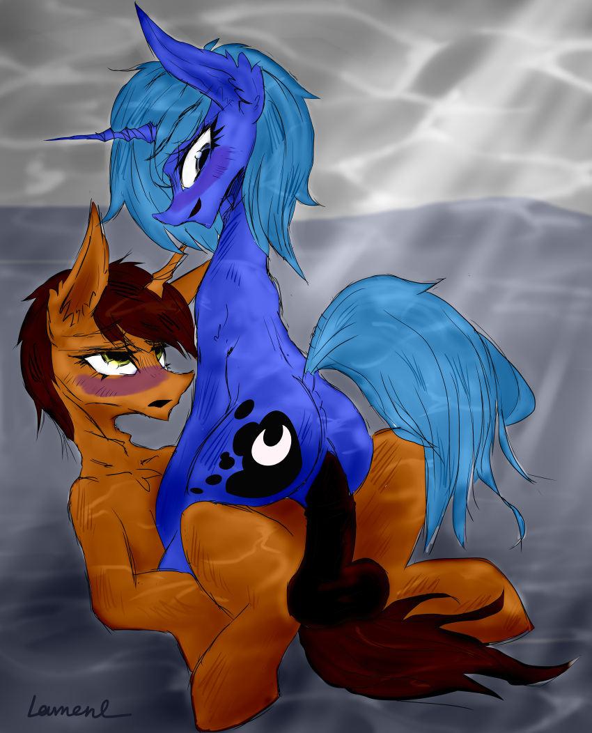absurd_res animal_genitalia animal_penis asphyxiation balls blue_body blue_fur blue_mane blue_tail blush brown_body brown_fur brown_mane cutie_mark drowning duo equid equine equine_penis female feral friendship_is_magic fur genitals hi_res horse intersex intersex/female knowledge_mixing lament looking_at_viewer looking_back male male/female maleherm mammal mane my_little_pony penis pony princess_luna_(mlp) underwater water